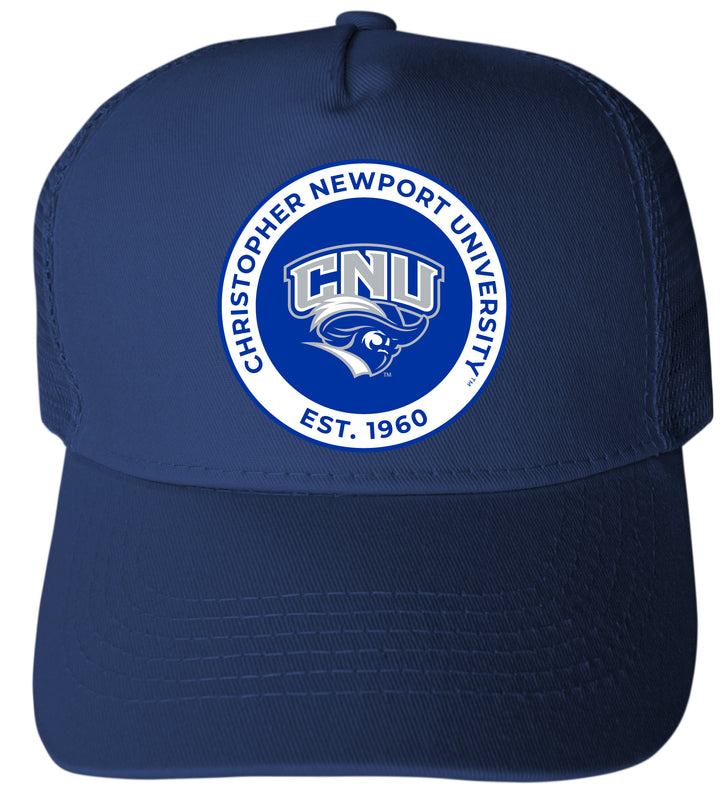 Christopher Newport Captains Officially Licensed Trucker Hat - Unisex Mesh Back Cap with Full Color Heat Transfer Logo Navy