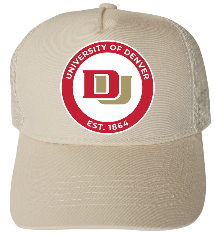 University of Denver Pioneers Officially Licensed Trucker Hat - Unisex Mesh Back Cap with Full Color Heat Transfer Logo Cream
