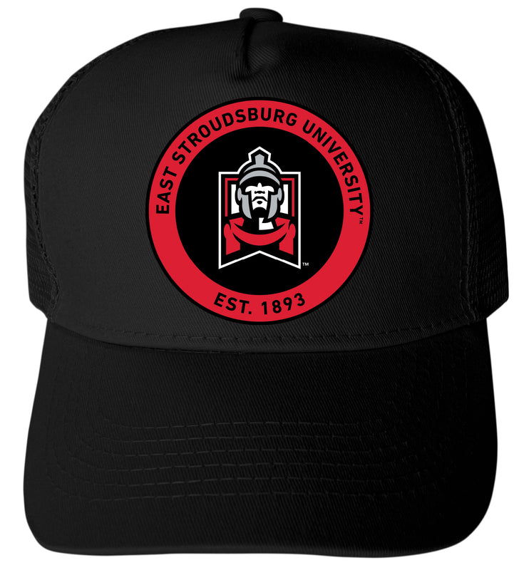 East Stroudsburg University Officially Licensed Trucker Hat - Unisex Mesh Back Cap with Full Color Heat Transfer Logo Black