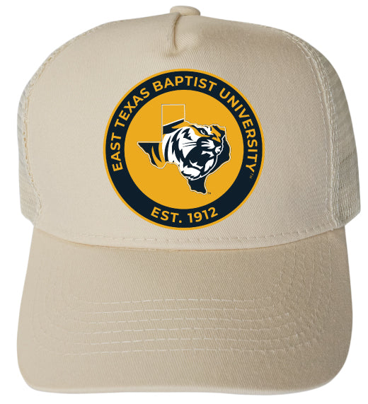 East Texas Baptist University Officially Licensed Trucker Hat - Unisex Mesh Back Cap with Full Color Heat Transfer Logo Cream