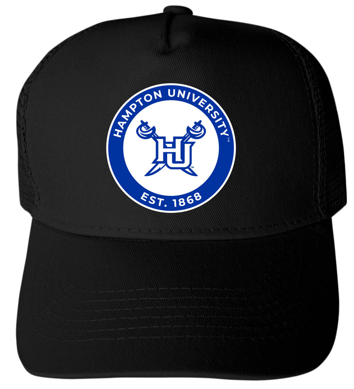 Hampton University Officially Licensed - Unisex Trucker Hat with Full Color Heat Transfer Logo Black