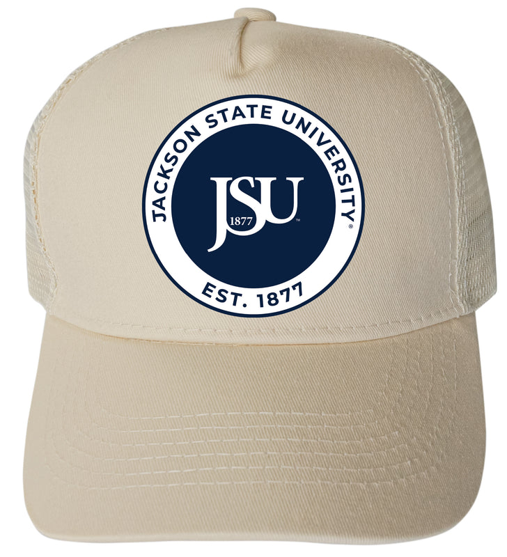 Jackson State University Officially Licensed Trucker Hat - Unisex Mesh Back Cap with Full Color Heat Transfer Logo Cream