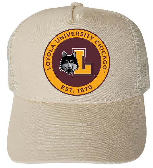 Loyola University Ramblers Officially Licensed Trucker Hat - Unisex Mesh Back Cap with Full Color Heat Transfer Logo Cream