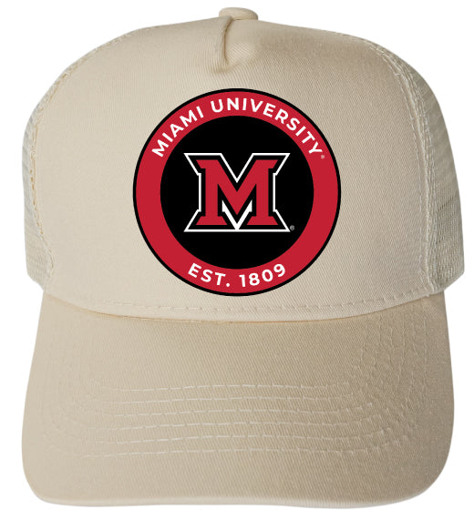 Miami University of Ohio Officially Licensed Trucker Hat - Unisex Mesh Back Cap with Full Color Heat Transfer Logo Cream