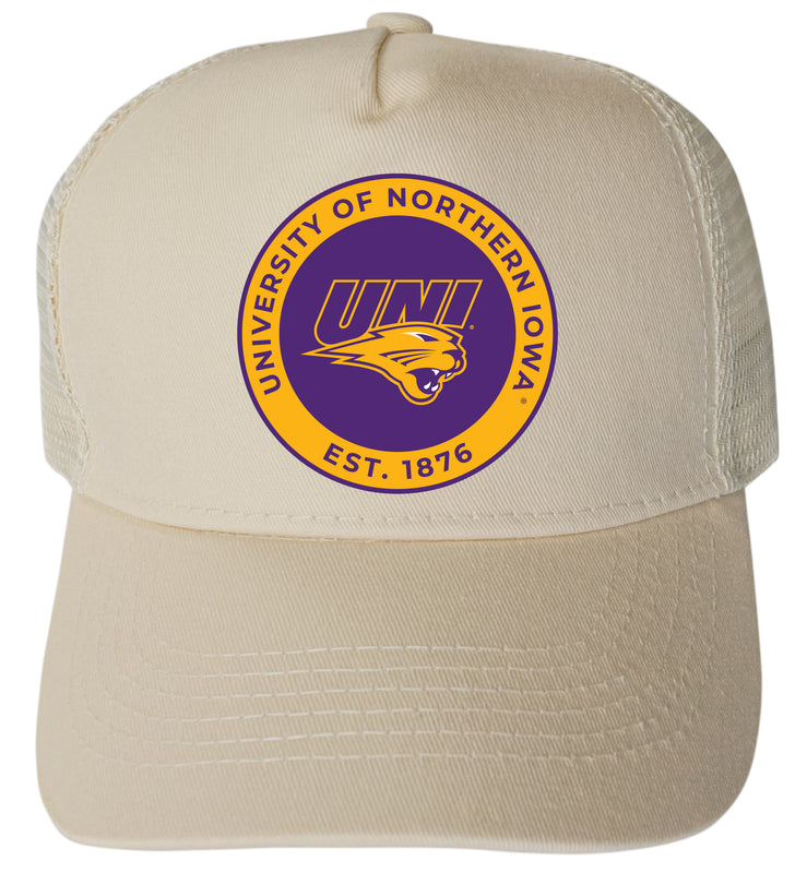 Northern Iowa Panthers Officially Licensed Trucker Hat - Unisex Mesh Back Cap with Full Color Heat Transfer Logo Cream