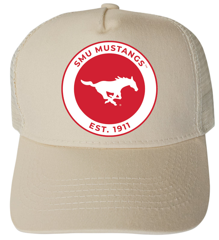 Southern Methodist University Officially Licensed Trucker Hat - Unisex Mesh Back Cap with Full Color Heat Transfer Logo Cream