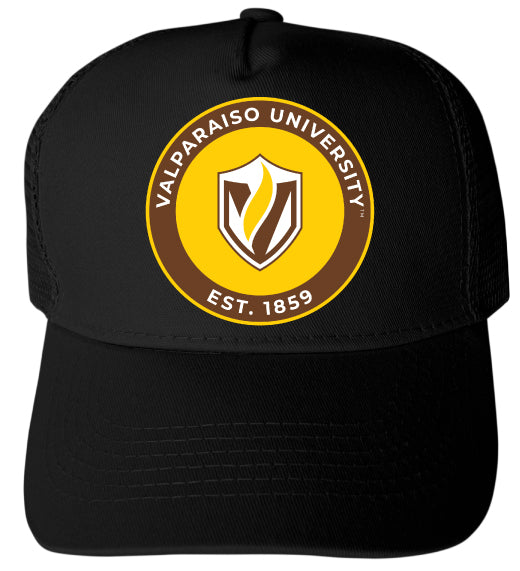 Valparaiso University Officially Licensed Trucker Hat - Unisex Mesh Back Cap with Full Color Heat Transfer Logo Black