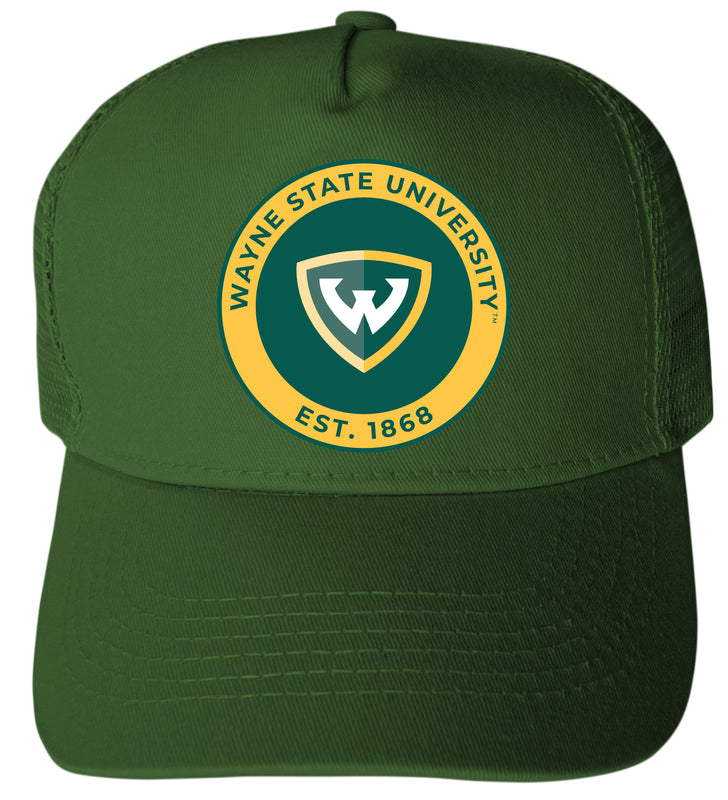 Wayne State Officially Licensed Trucker Hat - Unisex Mesh Back Cap with Full Color Heat Transfer Logo Green