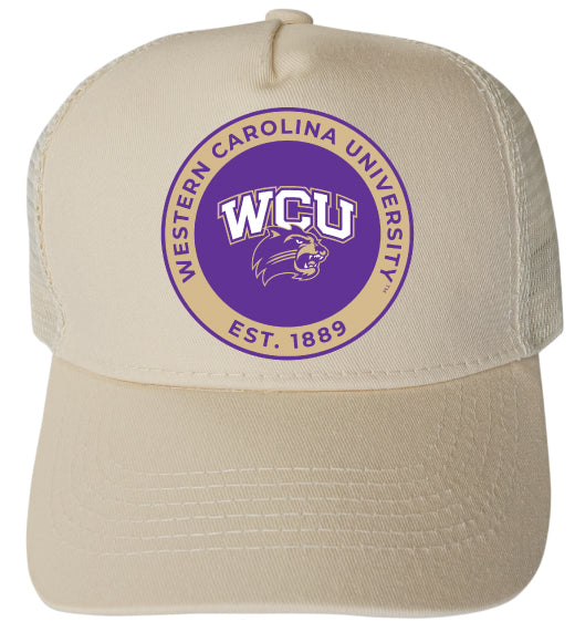 Western Carolina University Officially Licensed Trucker Hat - Unisex Mesh Back Cap with Full Color Heat Transfer Logo Cream