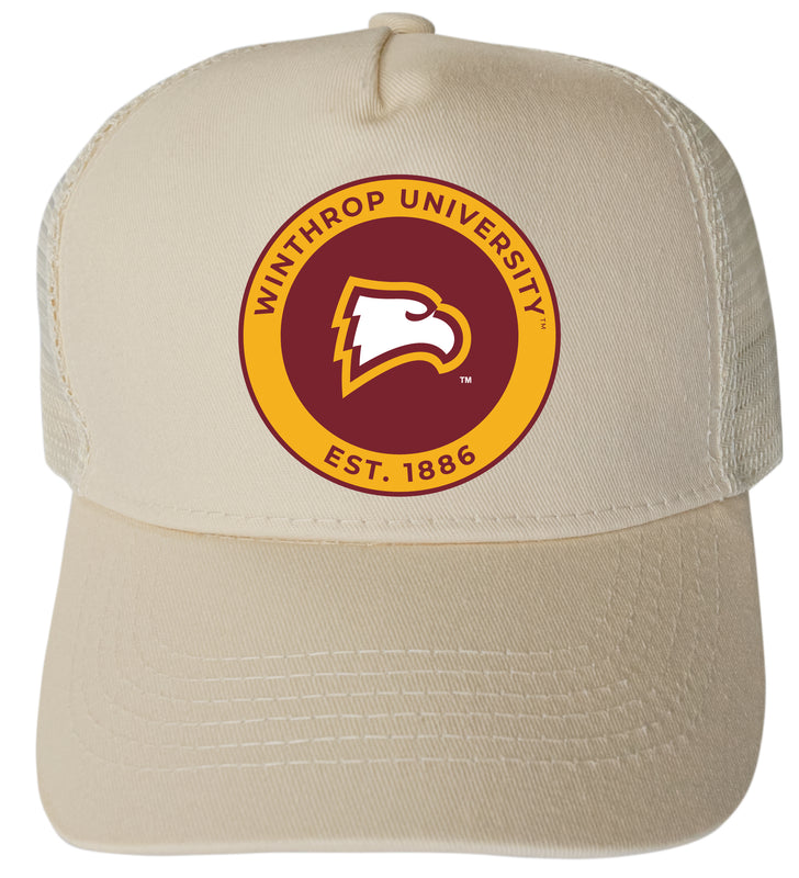 Winthrop University Officially Licensed Trucker Hat - Unisex Mesh Back Cap with Full Color Heat Transfer Logo Cream