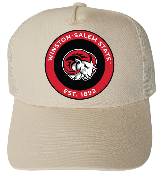 Winston-Salem State Officially Licensed Trucker Hat - Unisex Mesh Back Cap with Full Color Heat Transfer Logo Cream