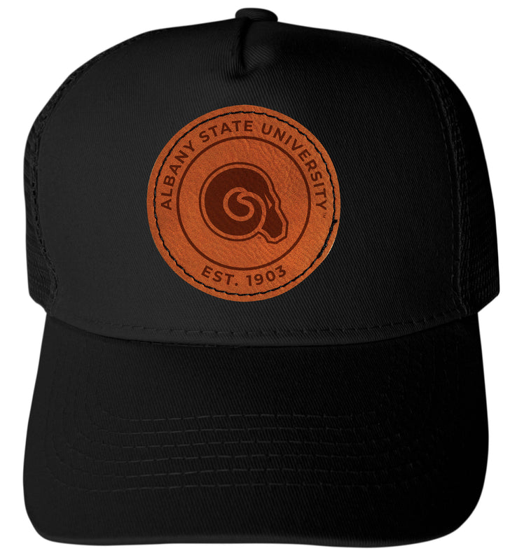 Albany State University Officially Licensed Trucker Hat - Unisex Mesh Back Cap with Round Engraved Leather Patch Black