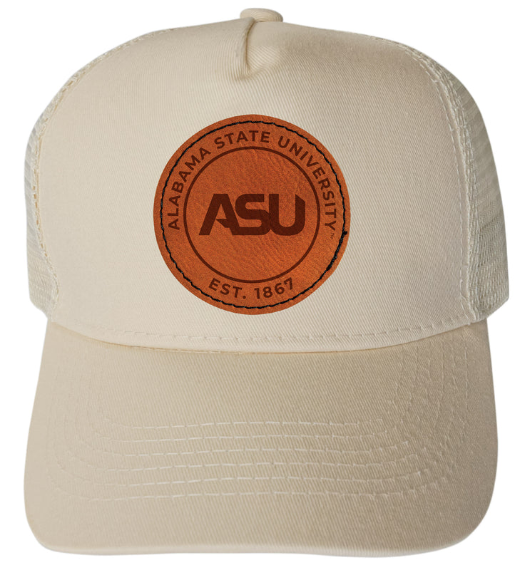 Alabama State University Officially Licensed Trucker Hat - Unisex Mesh Back Cap with Round Engraved Leather Patch Cream