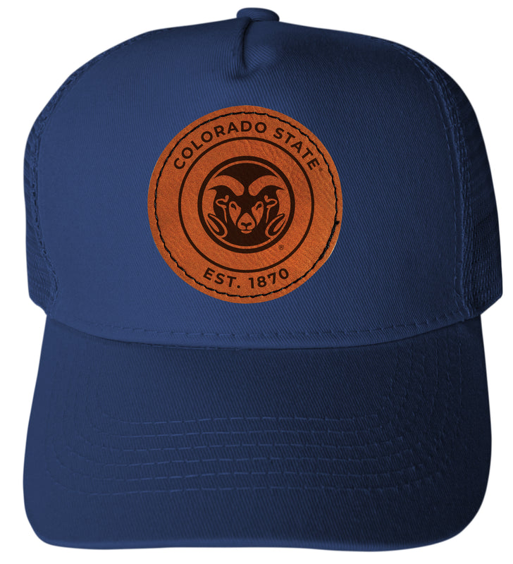 Colorado State Rams Officially Licensed - Unisex Trucker Hat with Round Engraved Leather Patch Navy