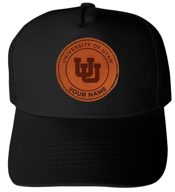 Utah Utes Custom Collegiate Trucker Hat – Officially Licensed with Round or Hexagon Leather Patch Roundi Patch