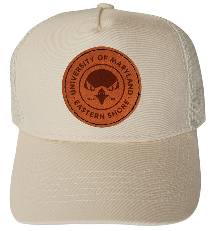 Maryland Eastern Shore Officially Licensed Trucker Hat - Unisex Mesh Back Cap with Round Engraved Leather Patch Cream