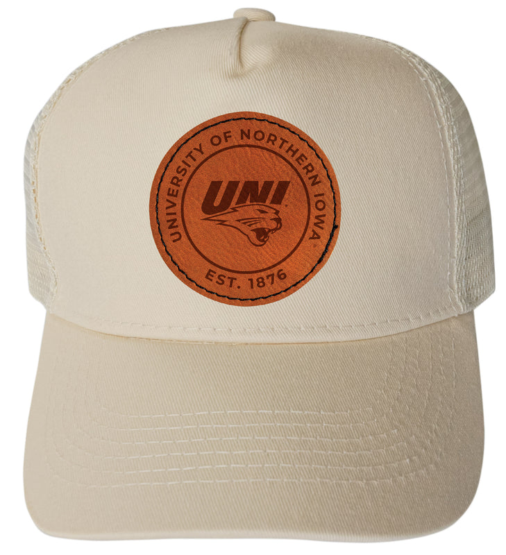 Northern Iowa Panthers Officially Licensed Trucker Hat - Unisex Mesh Back Cap with Round Engraved Leather Patch Cream