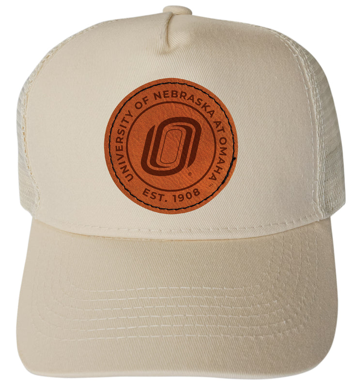 Nebraska at Omaha Officially Licensed Trucker Hat - Unisex Mesh Back Cap with Round Engraved Leather Patch Cream