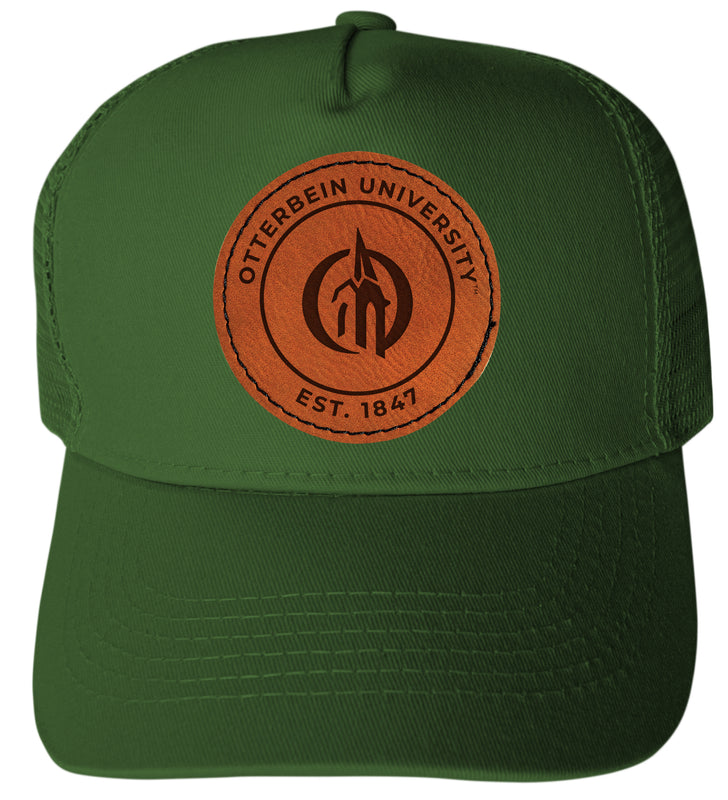 Otterbein University Officially Licensed - Unisex Trucker Hat with Round Engraved Leather Patch Green