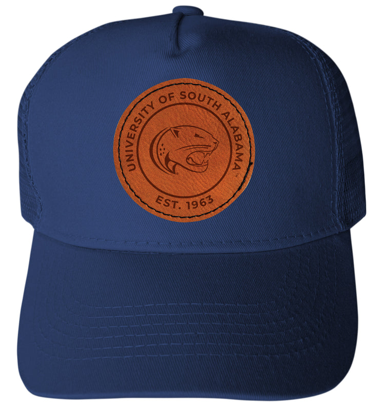 University of South Alabama Officially Licensed Trucker Hat - Unisex Mesh Back Cap with Round Engraved Leather Patch Navy