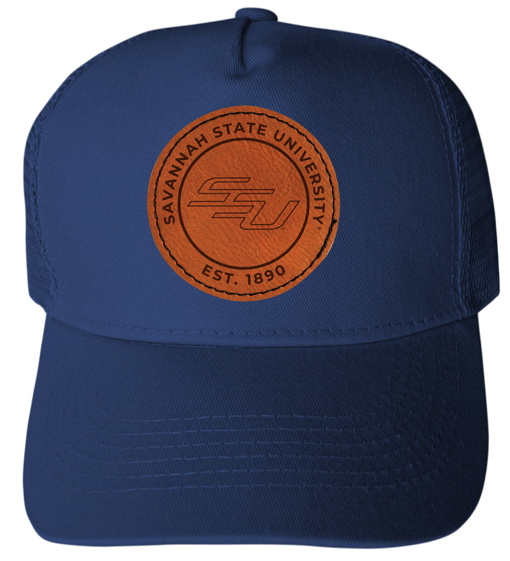 Savannah State University Officially Licensed - Unisex Trucker Hat with Round Engraved Leather Patch Navy