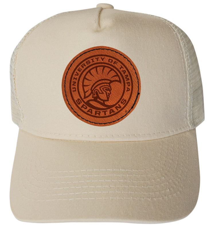University of Tampa Spartans Officially Licensed Trucker Hat - Unisex Mesh Back Cap with Round Engraved Leather Patch Cream