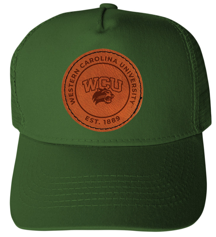 Western Carolina University Officially Licensed Trucker Hat - Unisex Mesh Back Cap with Round Engraved Leather Patch Green