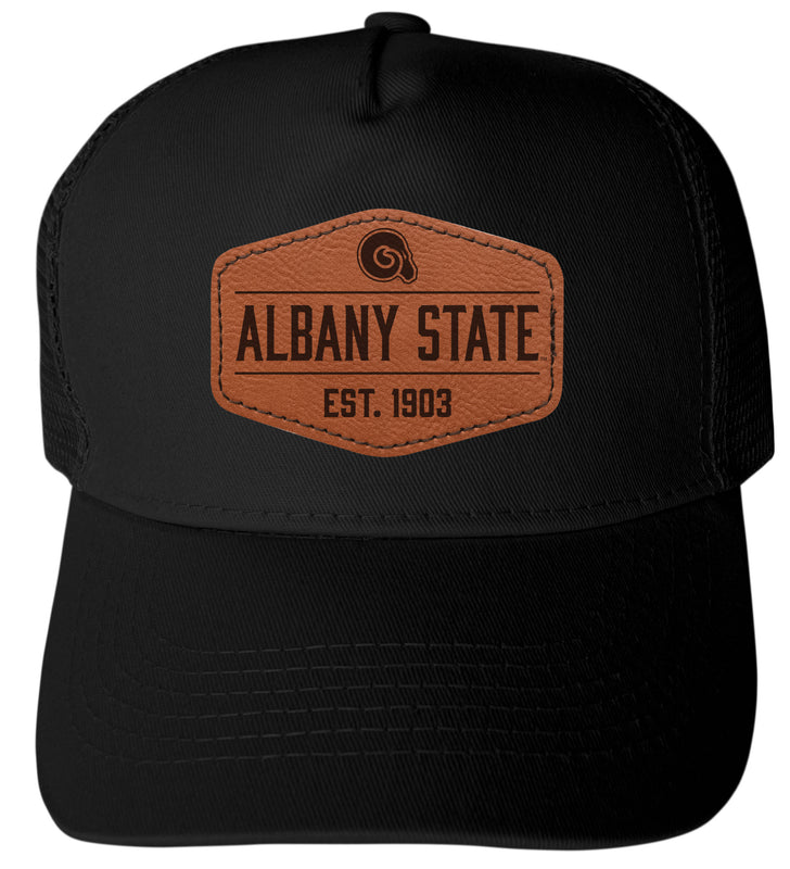 Albany State University Officially Licensed Trucker Hat - Unisex Mesh Back Cap with Hexagon Engraved Leather Patch Black