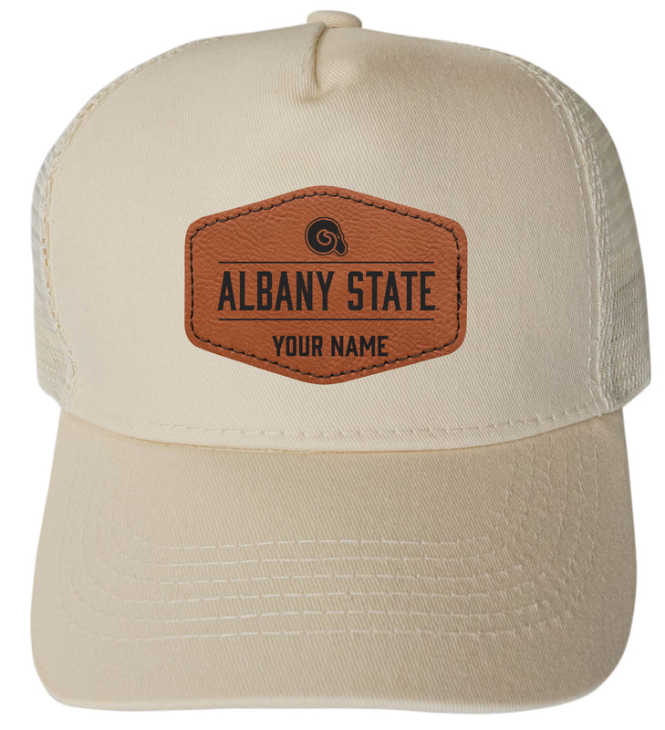 Albany State University Custom Collegiate Trucker Hat – Officially Licensed with Round or Hexagon Leather Patch Hexagoni Patch