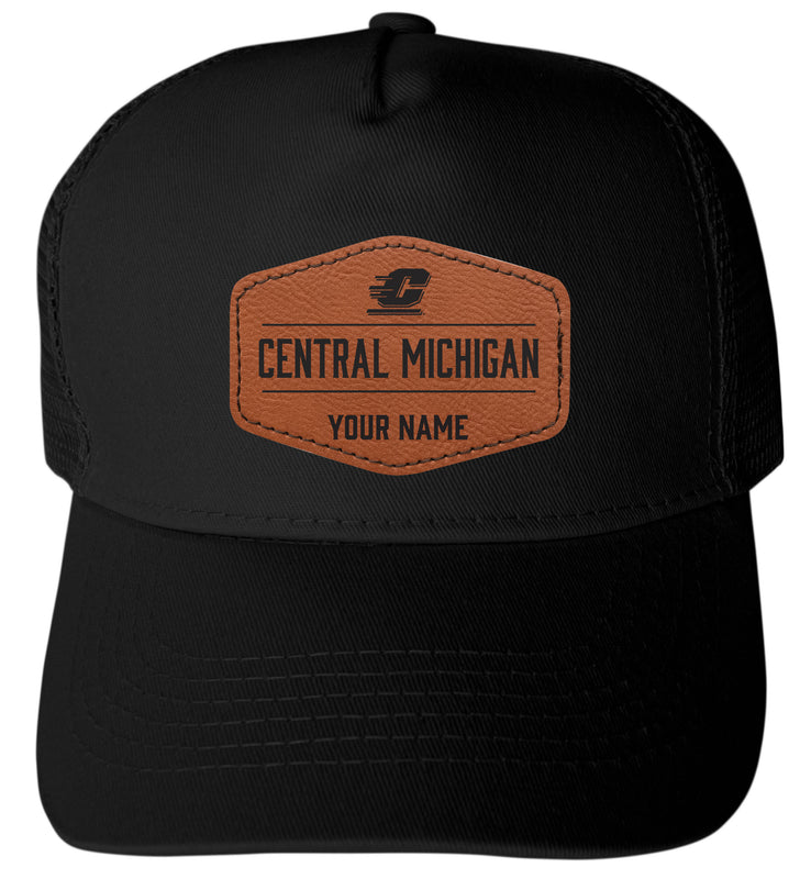 Central Michigan University Custom Collegiate Trucker Hat – Officially Licensed with Round or Hexagon Leather Patch Hexagon Patch
