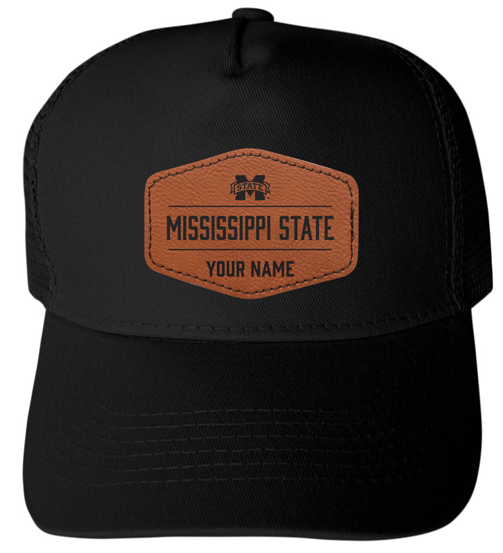 Mississippi State Bulldogs Custom Collegiate Trucker Hat – Officially Licensed with Round or Hexagon Leather Patch Hexagoni Patch