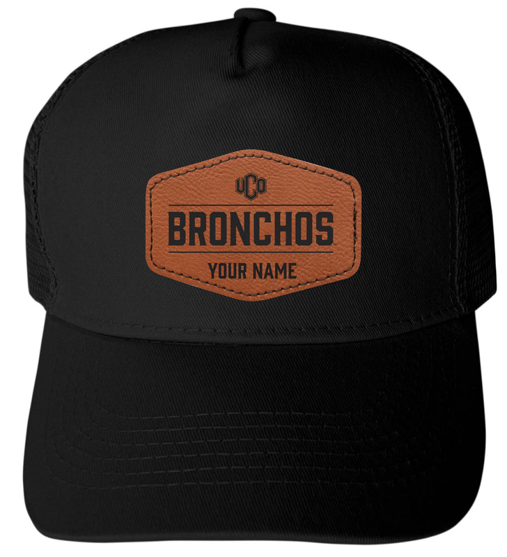 University of Central Oklahoma Bronchos Custom Collegiate Trucker Hat – Officially Licensed with Round or Hexagon Leather Patch Hexagon Patch
