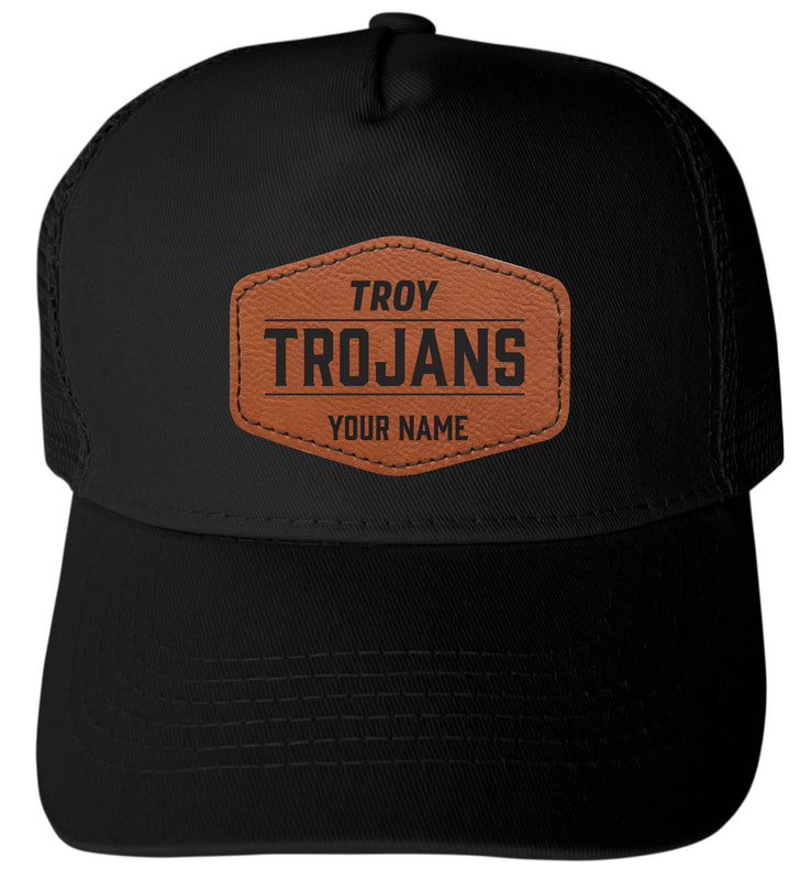 Troy University Custom Collegiate Trucker Hat – Officially Licensed with Round or Hexagon Leather Patch Hexagon Patch