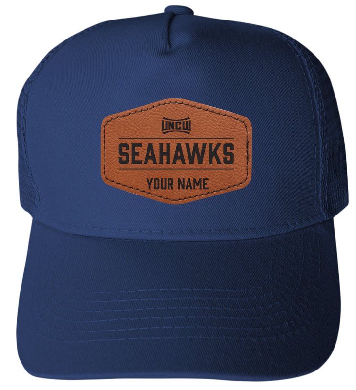 North Carolina Wilmington Seahawks Custom Collegiate Trucker Hat – Officially Licensed with Round or Hexagon Leather Patch Hexagoni Patch