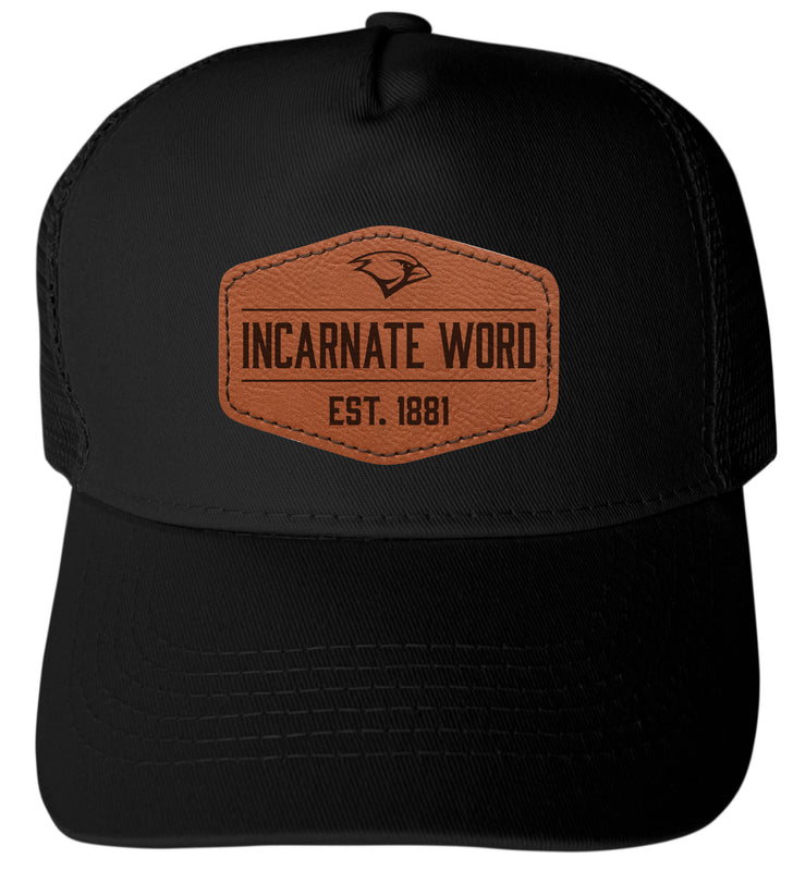 Incarnate Word Cardinals Officially Licensed - Unisex Trucker Hat with Hexagon Engraved Leather Patch Black