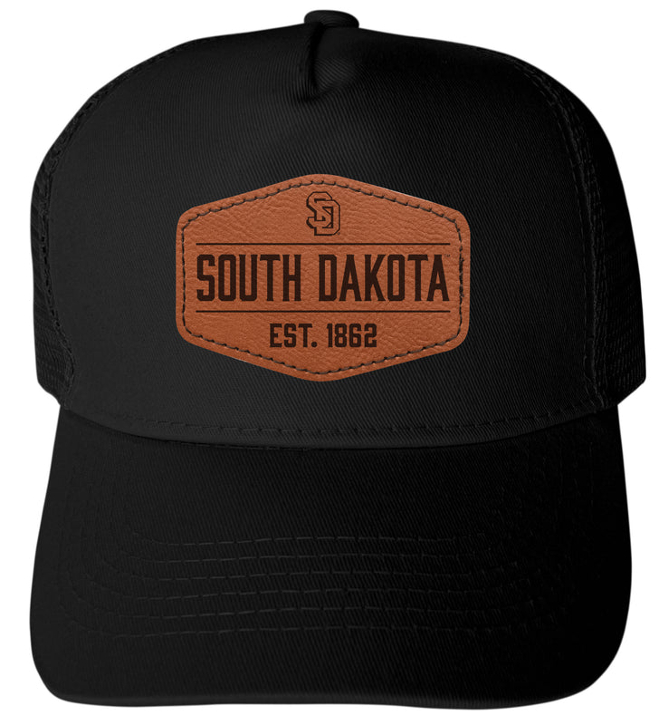 South Dakota Coyotes Officially Licensed Trucker Hat - Unisex Mesh Back Cap with Hexagon Engraved Leather Patch Black