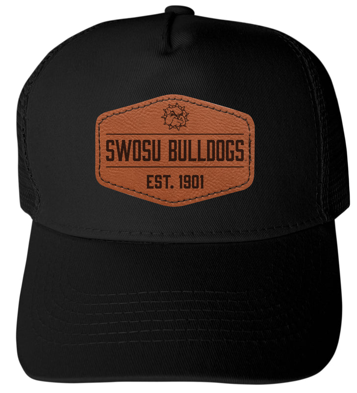 Southwestern Oklahoma State University Officially Licensed Trucker Hat - Unisex Mesh Back Cap with Hexagon Engraved Leather Patch Black