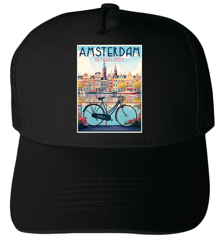 Amsterdam Netherlands Unisex Mesh Back Trucker Hat with Adjustable Snapback Black