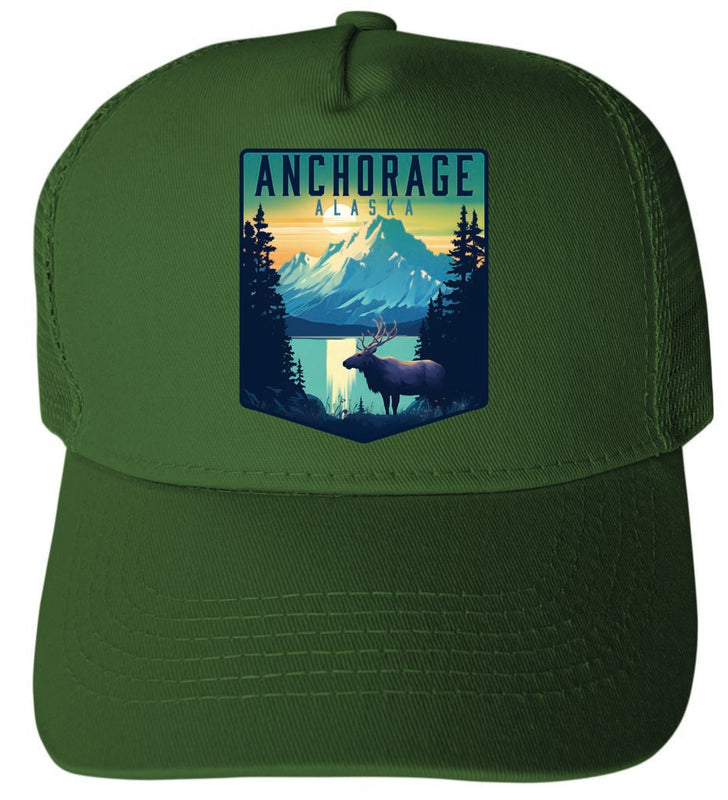 Anchorage Alaska Moose and Mountains Design Green Unisex Mesh Back Trucker Hat with Adjustable Snapback 4-Pack