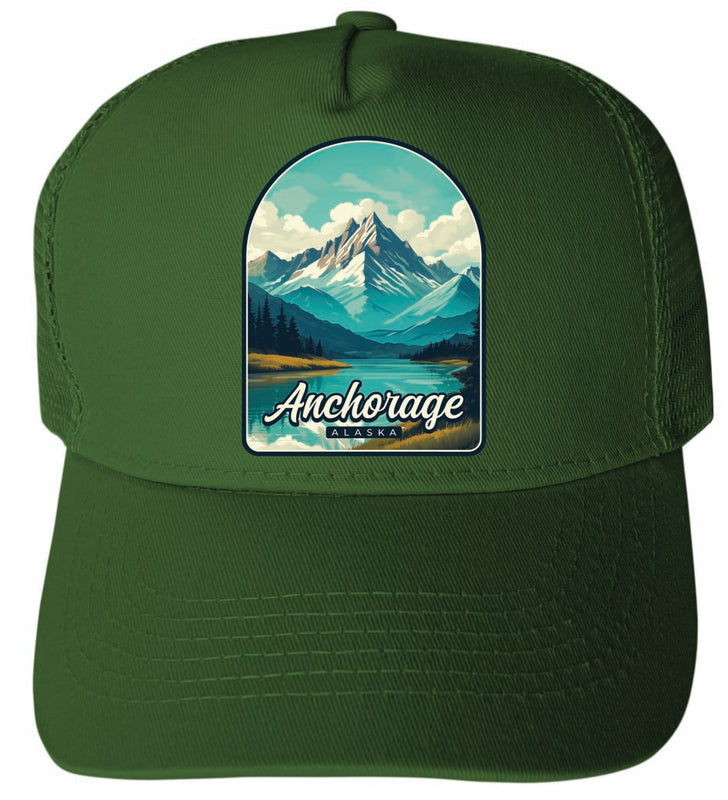 Anchorage Alaska Lake Mountain Design Green Unisex Mesh Back Trucker Hat with Adjustable Snapback Single