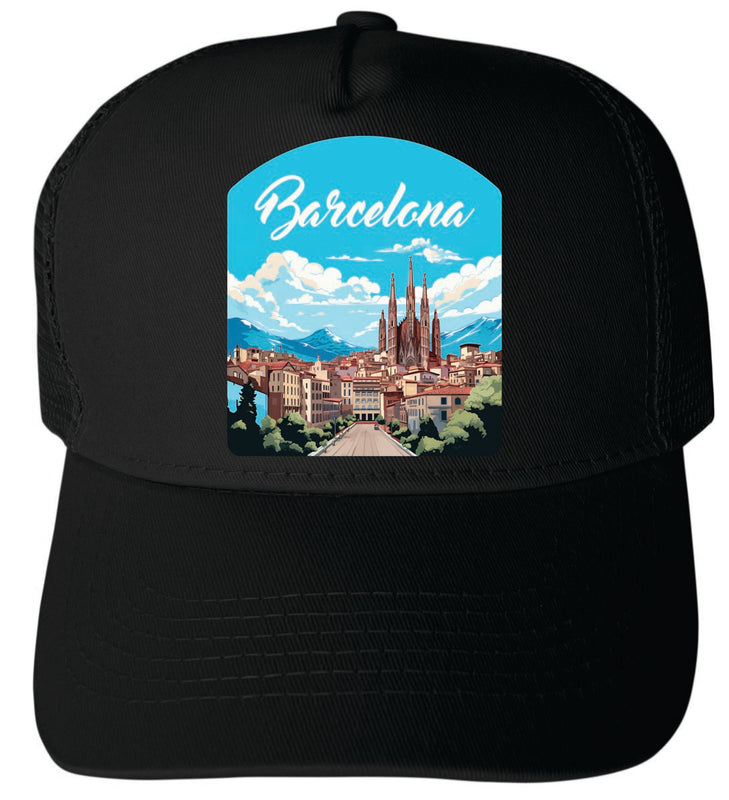 Barcelona Spain Unisex Mesh Back Trucker Hat with Adjustable Snapback Black