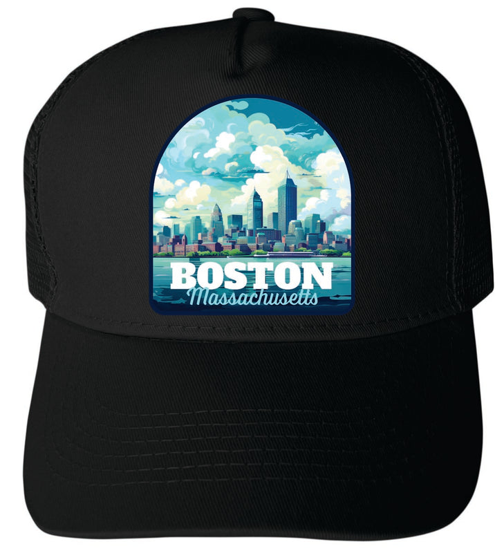 Boston Massachusetts Unisex Mesh Back Trucker Hat with Adjustable Snapback Black