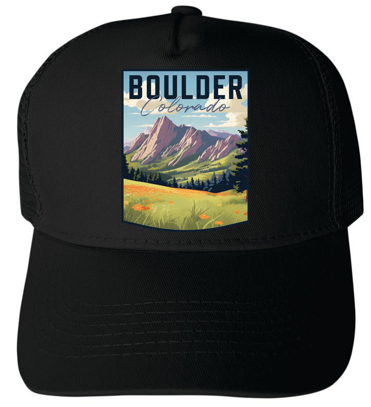 Boulder Colorado Unisex Mesh Back Trucker Hat with Adjustable Snapback Black