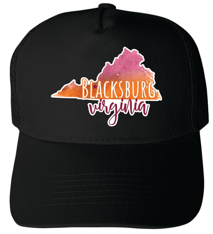 Blacksburg Virginia Watercolor State Design Black Unisex Mesh Back Trucker Hat with Adjustable Snapback 4-Pack