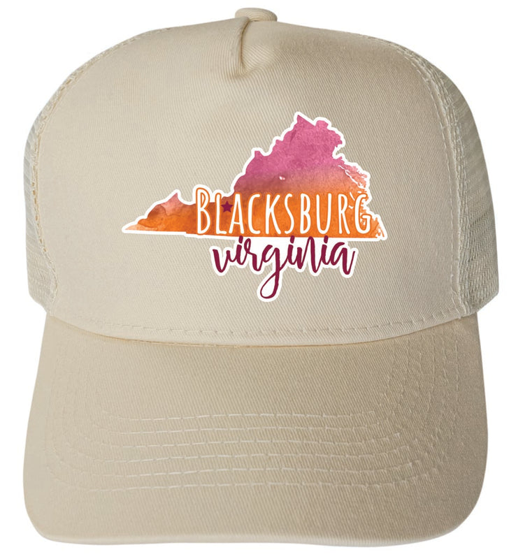 Blacksburg Virginia Watercolor State Design Cream Unisex Mesh Back Trucker Hat with Adjustable Snapback 4-Pack