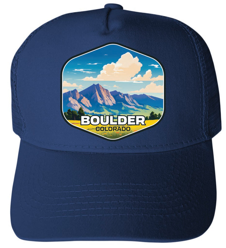 Boulder Colorado Mountains Design Navy Unisex Mesh Back Trucker Hat with Adjustable Snapback 4-Pack