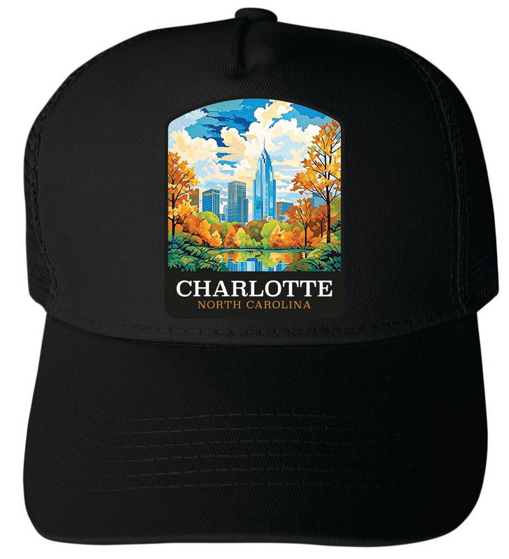 Charlotte North Carolina Unisex Mesh Back Trucker Hat with Adjustable Snapback Black