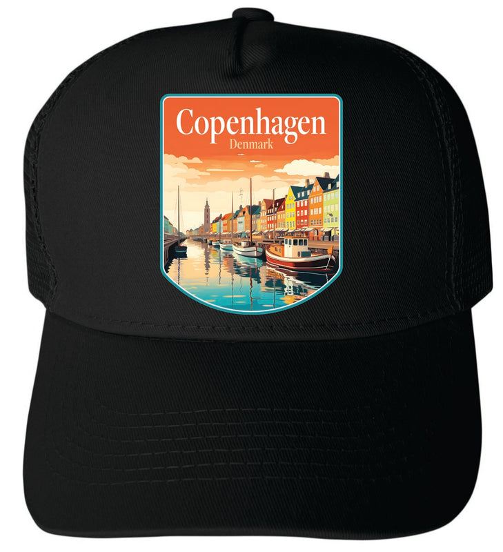 Copenhagen Denmark Unisex Mesh Back Trucker Hat with Adjustable Snapback Black