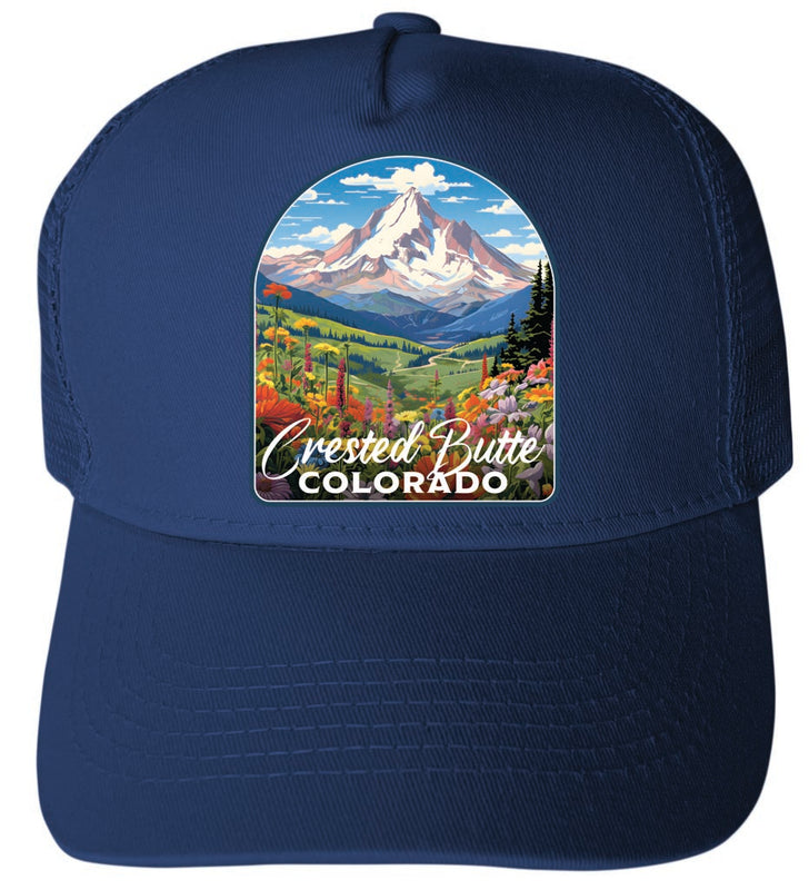 Crested Butte Mountain Colorado Wildflowers Design Navy Unisex Mesh Back Trucker Hat with Adjustable Snapback 4-Pack