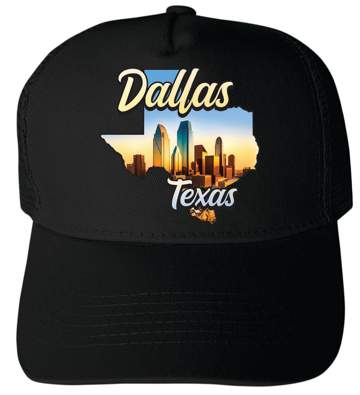Dallas Texas Unisex Mesh Back Trucker Hat with Adjustable Snapback Black
